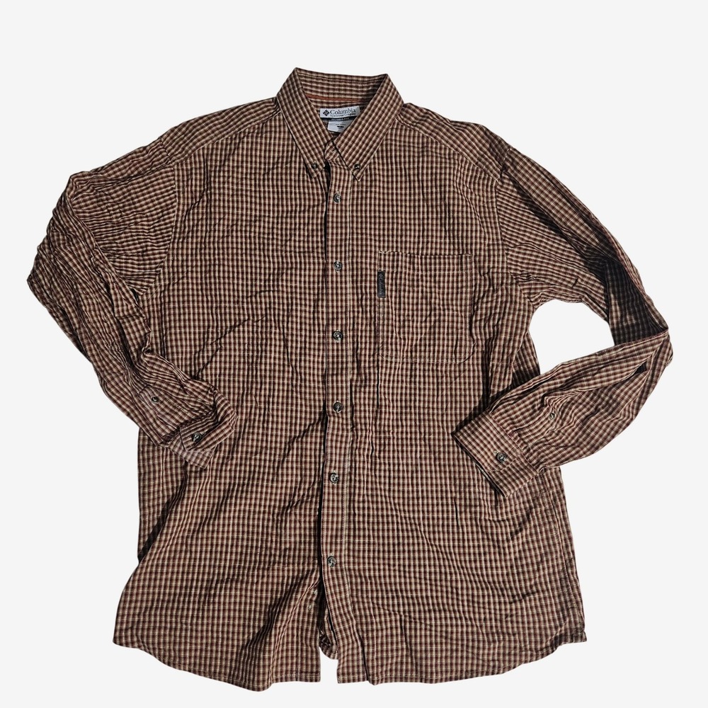 Columbia Mens Large Brown Plaid Long Sleeve Button Down Shirt Outdoor Hiking